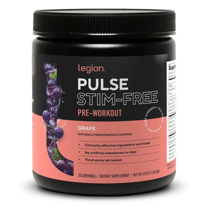 LEGION Pulse Pre Workout Supplement - All Natural Nitric Oxide Preworkout Drink to Boost Energy, Creatine Free, Naturally Sweetened, Beta Alanine, Citrulline, Alpha GPC (Caffeine Free Blue Razz)