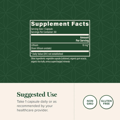 Global Healing Center - Lithium Orotate 10mg - Non-GMO, Gluten Free, Vegan Friendly Brain Health Lithium Supplement for Supporting Mood, Function, and Clarity (60 Capsules)