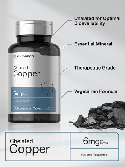Horbäach Chelated Copper Supplement 6mg | 300 Tablets | Essential Trace Mineral | Vegetarian, Non-GMO, Gluten Free Horbäach
