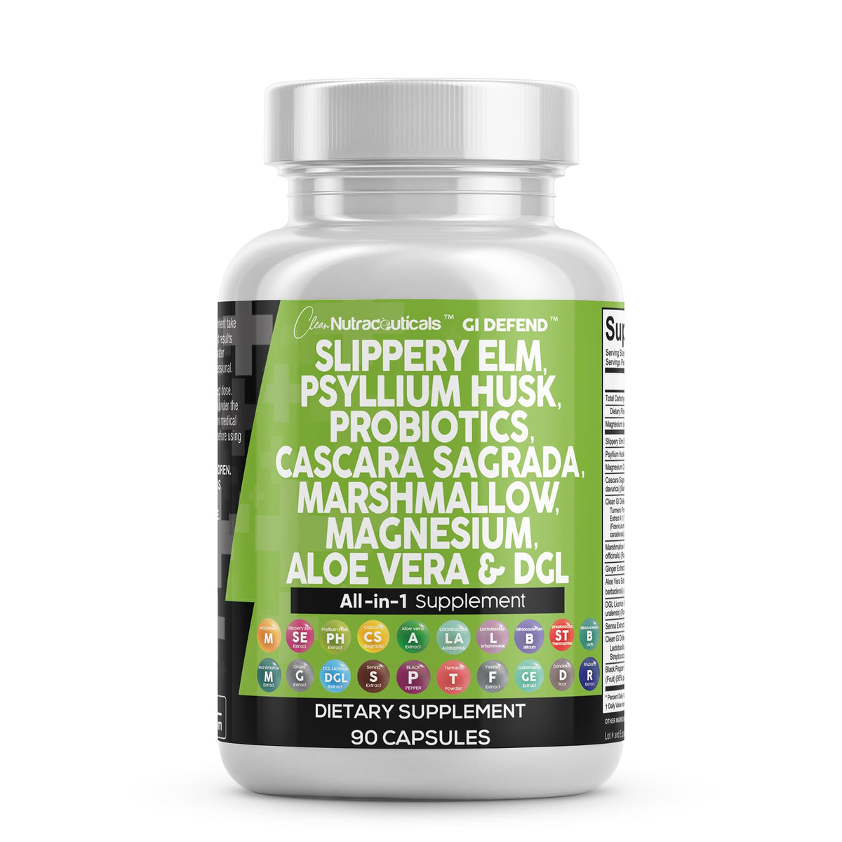 Clean Nutraceuticals Slippery Elm Psyllium Husk Pre Probiotic Digestive Gut Health Supplement with Aloe Vera Cascara Sagrada Clean Nutraceuticals