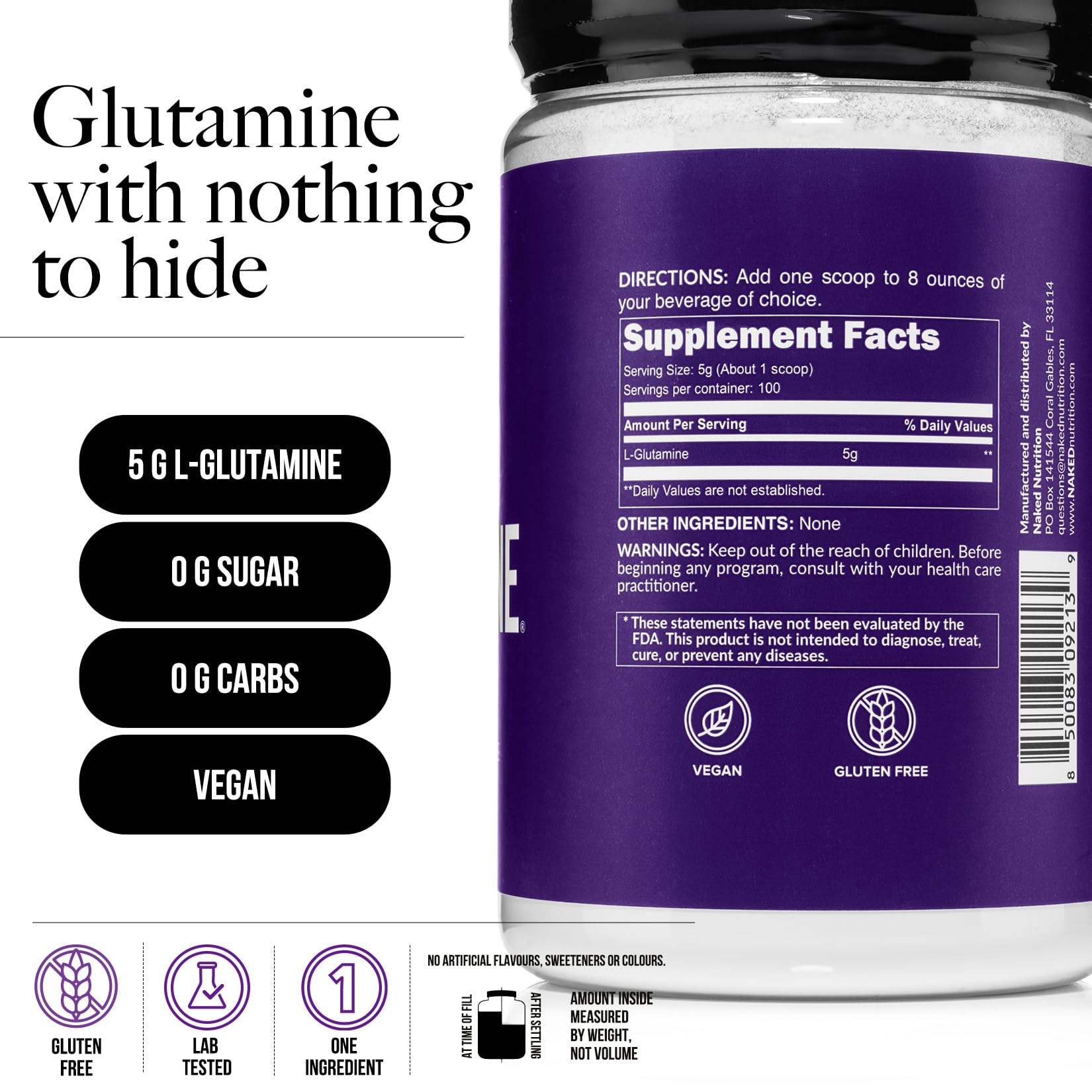 Pure L-Glutamine Made in The USA - 100 Servings - 500g, 1.1lb Bulk, Vegan, Non-GMO, Gluten and Soy Free. Minimize Muscle Breakdown & Improve Protein Synthesis. No Additives NAKED buy australia supplements