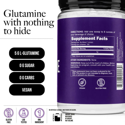 Pure L-Glutamine Made in The USA - 100 Servings - 500g, 1.1lb Bulk, Vegan, Non-GMO, Gluten and Soy Free. Minimize Muscle Breakdown & Improve Protein Synthesis. No Additives NAKED