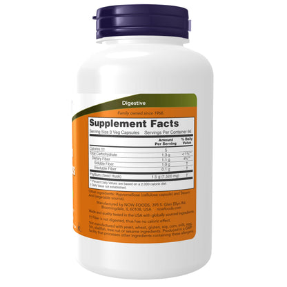 NOW Foods Supplements, Psyllium Husk Caps 500 mg, Non-GMO Project Verified, Natural Soluble Fiber, Intestinal Health*, 200 Veg Capsules NOW Foods