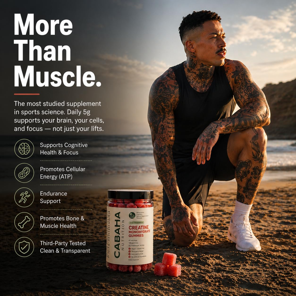 Creatine Monohydrate Gummies 5g - Only 2g Sugar, Made in USA - Sour Watermelon Flavor - Vegan & 3rd Party Tested - Pre & Post Workout Supplement for Women and Men (120 Count, 40 Servings) Cabana Nutrition buy australia supplements