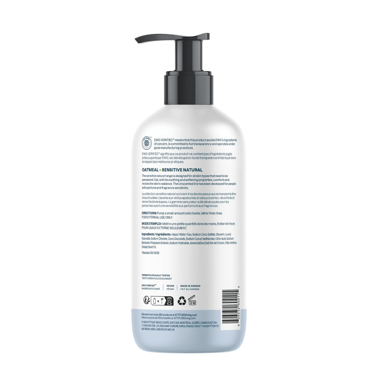 ATTITUDE Gentle Hand Soap for Sensitive Skin, Oat, Unscented, 16 oz BIO SPECTRA ATTITUDE
