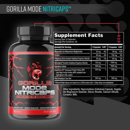 Gorilla Mode® Nitricaps™ - Stimulant Free Pre-Workout Capsules - Massive Pumps · Vasodilation · Performance - Nitrosigine®, Agmatine Sulfate, VasoDrive-AP®, Electrolytes / 120 Capsules