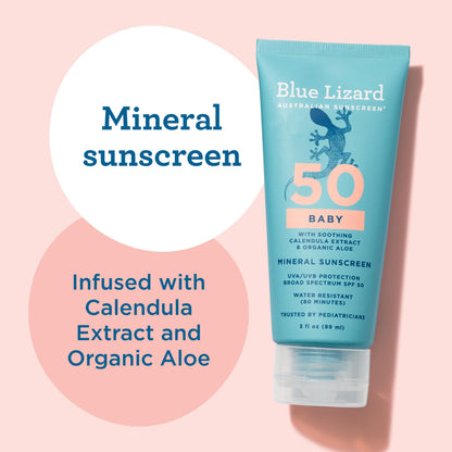 BLUE LIZARD Baby Mineral Sunscreen with Zinc Oxide, SPF 50+, Water Resistant, UVA/UVB Protection with Smart Cap Technology - Fragrance Free, 3 Ounce Tube BLUE LIZARD