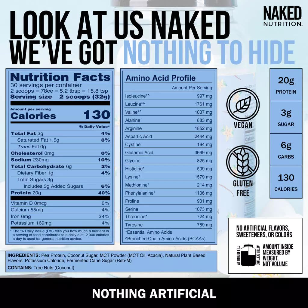 NAKED Shake - Vanilla Protein Powder - Plant Based Protein Shake with Mct Oil, NSF Certified, Gluten-Free, Soy-Free, No Gmos Or Artificial Sweeteners - 30 Servings NAKED buy australia supplements