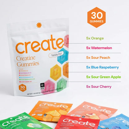 Create Creatine Gummies for Men & Women – NSF Certified, Made with Creapure Creatine Monohydrate, Great Tasting, Anti-Melting Formula, 30ct Standup Pouch, 90 Gummies (Variety Pack) Create