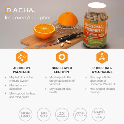 DACHA Natural Liposomal Vitamin C - 1700mg, 200 Capsules, Immune System & Collagen Booster, High Absorption Fat Soluble VIT C DACHA