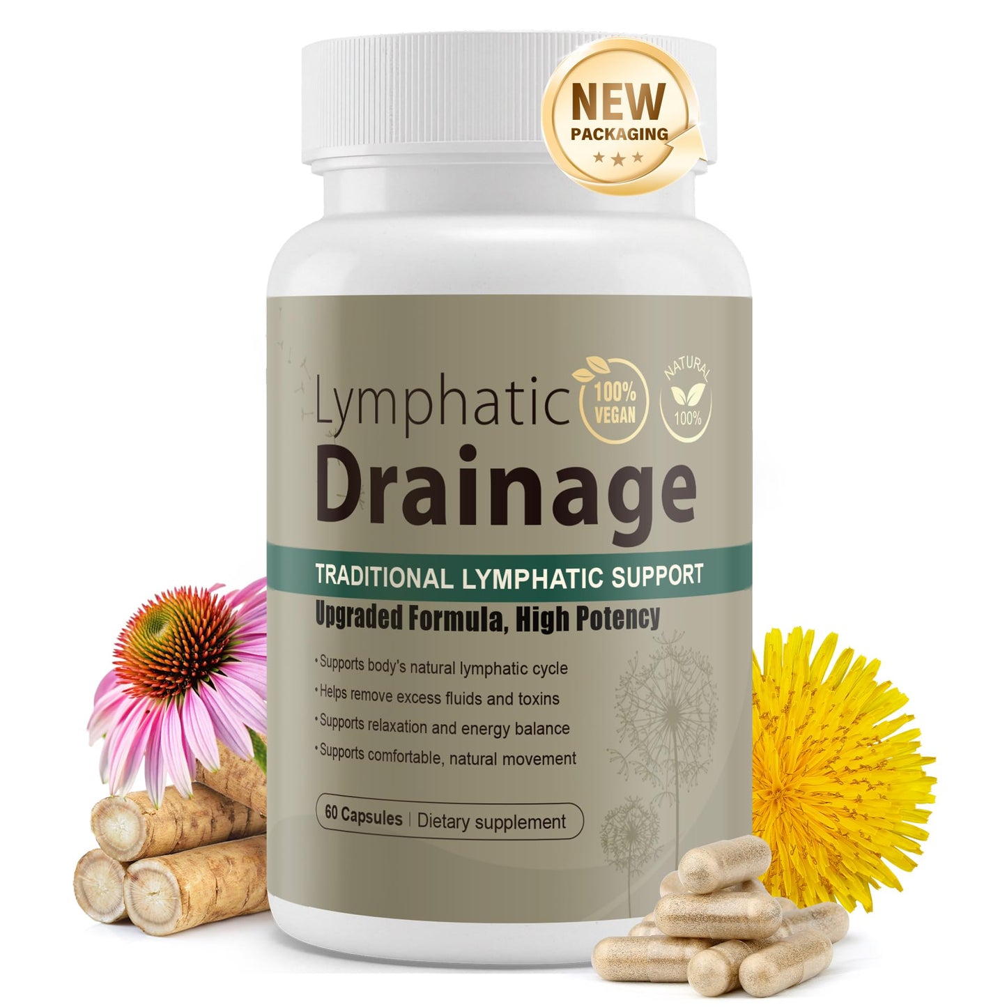 Lymphatic Drainage Capsules Natural Herbal Supplement for Immune Health & Fluid Balance, with Echinacea, Dandelion, and Burdock 60 Capsules Kaseano