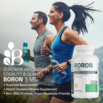 Bronson Boron 3 MG Chelated Superior Absorption Supports Bone Health Trace Mineral, Non-GMO, 250 Vegetarian Tablets Bronson