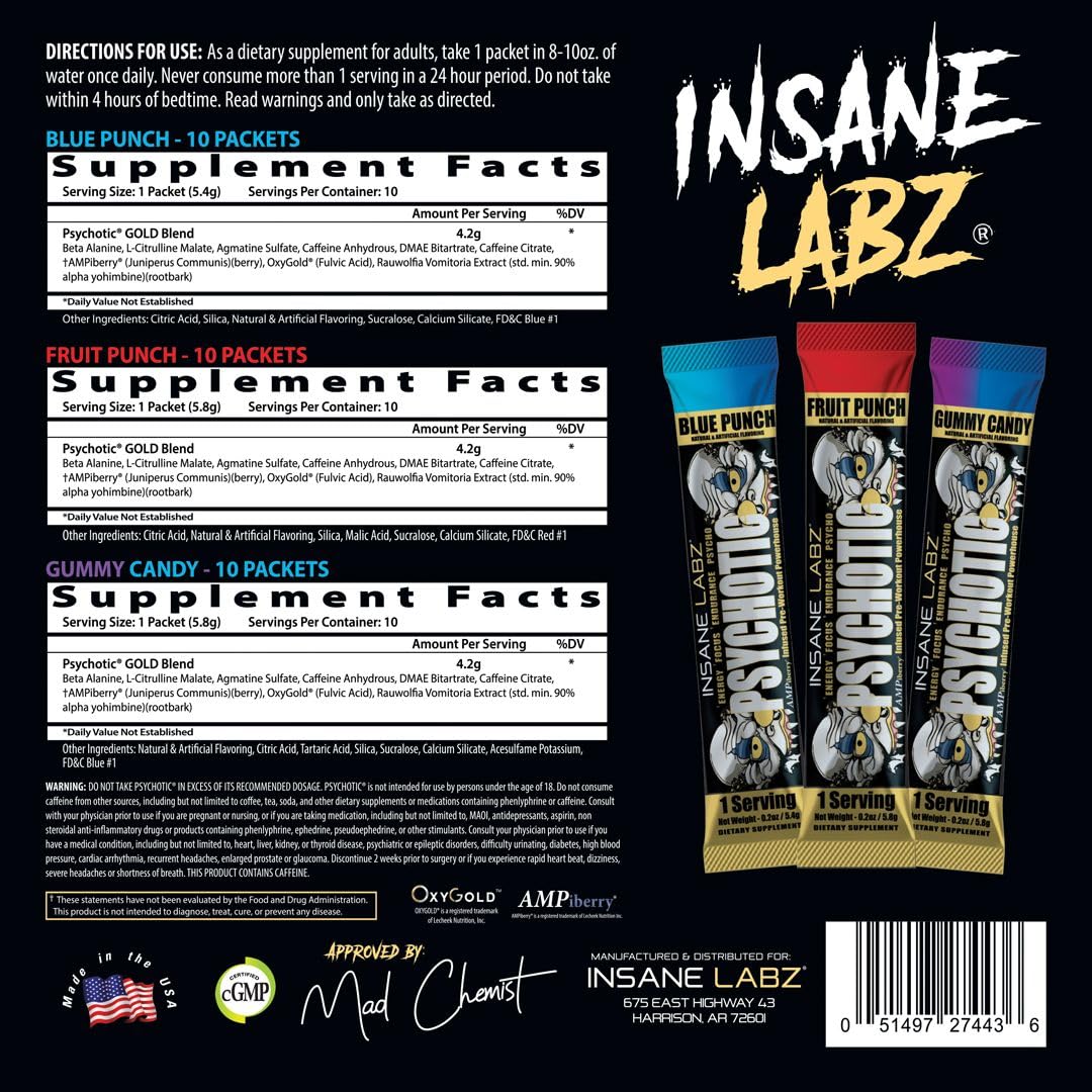Insane Labz Psychotic Gold, High Stimulant Pre Workout Powder, Extreme Lasting Energy Focus, Pumps and Endurance with Beta Alanine, DMAE Bitartrate, NO Booster (35 Servings, Watermelon)