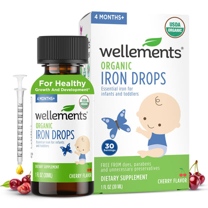 Wellements Organic Iron Drops for Newborn+ Babies (1 Fl Oz) - Cherry Flavor Liquid Iron Supplement for Infants - Toddler Iron Supplement for Kids (4months+ to 3 Years) Wellements