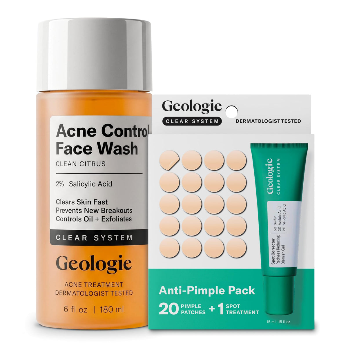 Geologie Acne Control Face Wash and Anti-Pimple Pack Bundle, Salicylic Acid, Spot Treatment, Hydrocolloid Pimple Patches, BPO-Free, 2-Piece Set Geologie