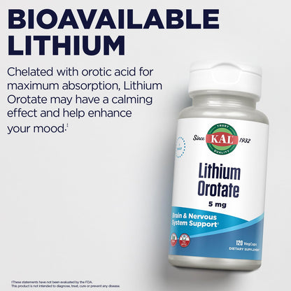 KAL Lithium Orotate 5 milligrams | Low Serving Of Chelated Lithium Orotate For Bioavailability and Mood Support | In Organic Rice Bran Extract Base | 120 VegCaps KAL