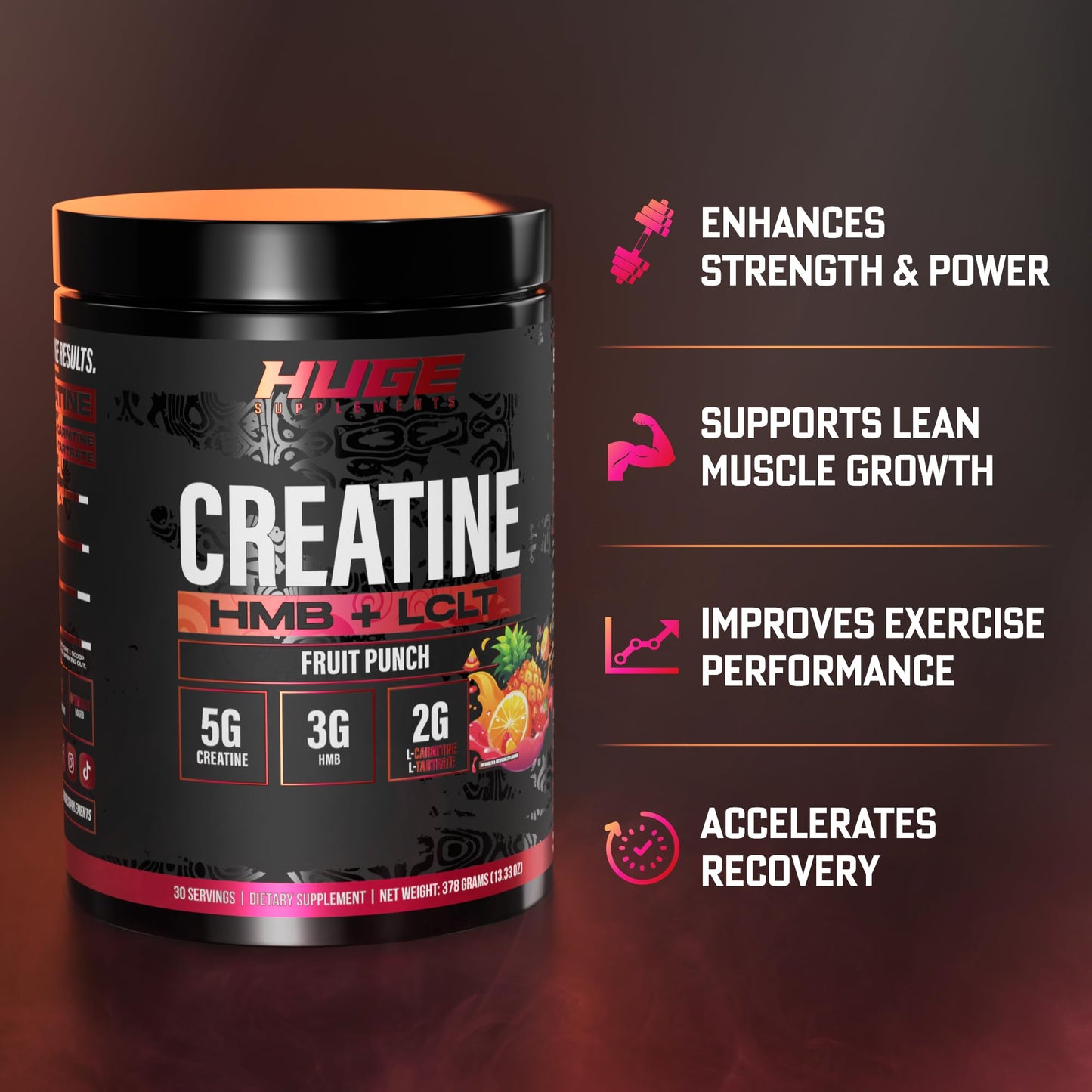 Huge Creatine HMB + LCLT, 5g Micronized Creatine Monohydrate with 3g HMB & 2g L-Carnitine L-Tartrate for Muscle Growth, Increased Strength, Enhanced Recovery & Improved Performance (Fruit Punch)