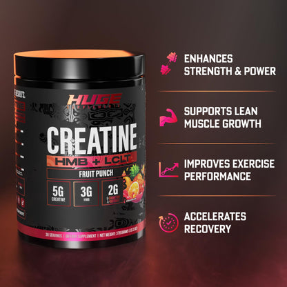 Huge Creatine HMB + LCLT, 5g Micronized Creatine Monohydrate with 3g HMB & 2g L-Carnitine L-Tartrate for Muscle Growth, Increased Strength, Enhanced Recovery & Improved Performance (Fruit Punch)