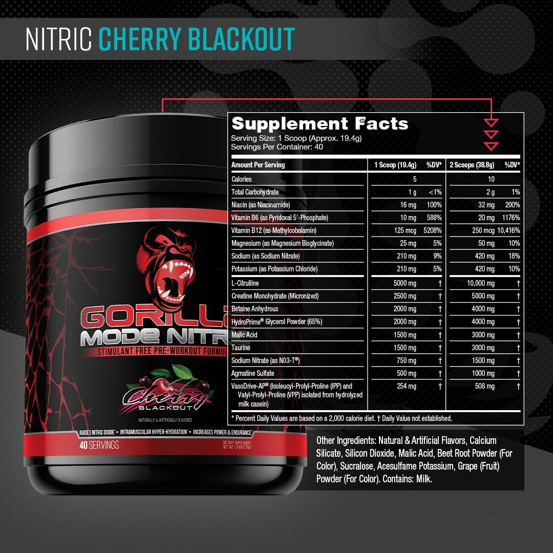 Gorilla Mode Pre Workout & Gorilla Mode Nitric Upgraded Stimulant - Best Tasting & Most Effective Stimulant Free Pre-Workout | Massive Pump | Laser Focus Energy Power (Cherry Blackout)