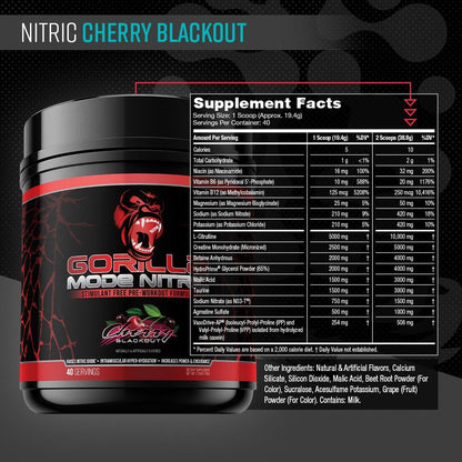 Gorilla Mode Pre Workout & Gorilla Mode Nitric Upgraded Stimulant - Best Tasting & Most Effective Stimulant Free Pre-Workout | Massive Pump | Laser Focus Energy Power (Cherry Blackout)