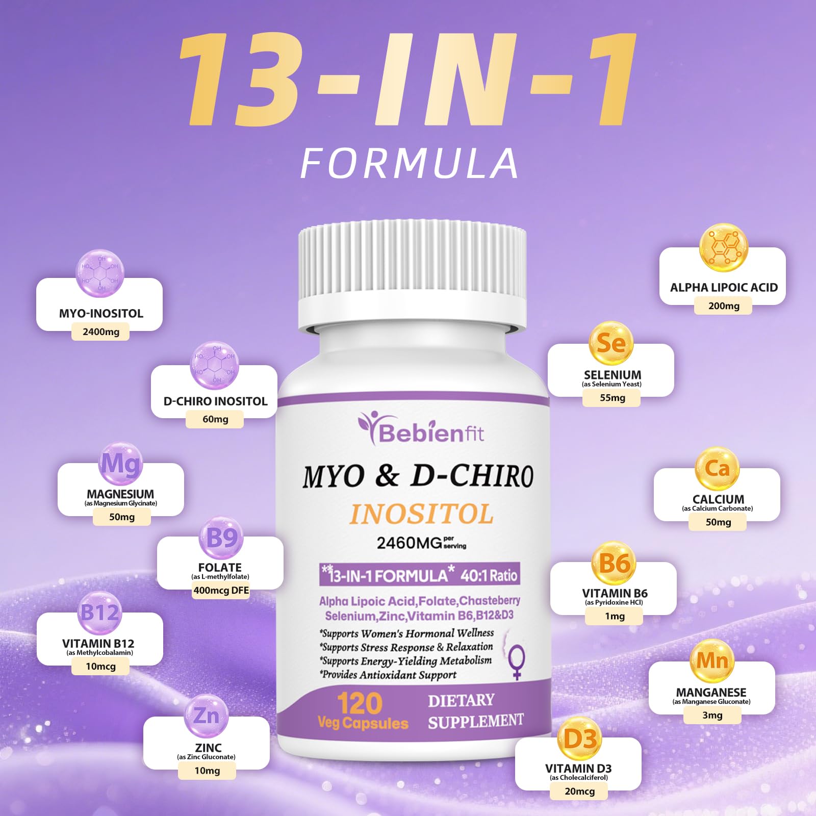 13-in-1 Myo Inositol & D-Chiro Inositol for Women PCOS,Hormonal Balance,2460mg-40:1 Ratio,Ovarian Health&Cycle Support Supplement Plus Alpha Lipoic Acid/Folate/Vitex/Magnesium/Multivitamin,120 Veg Cap Bebien fit buy australia supplements
