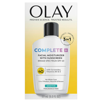 Olay Complete+ Face Moisturizer with Sunscreen SPF 40, For Sensitive Skin, Broad Spectrum Sun Protection, Fragrence-Free - No White Cast on All Tones, Nourishes Moisture Barrier - Ceramides, 6 Oz Olay