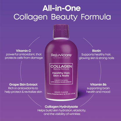 Rejuvicare Liquid Collagen Beauty Formula with Amino Acids, Protein and Biotin, Delicious Grape Flavor, Purple 16 oz ,32 servings Rejuvicare