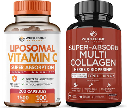 Wholesome Wellness Liposomal Vitamin C Capsules (200 Pills 1500mg Buffered) + Super-Absorb Multi Collagen Pills (Type I II III V X) Organic Herbs and Bioperine Bundle Gsupps Australia