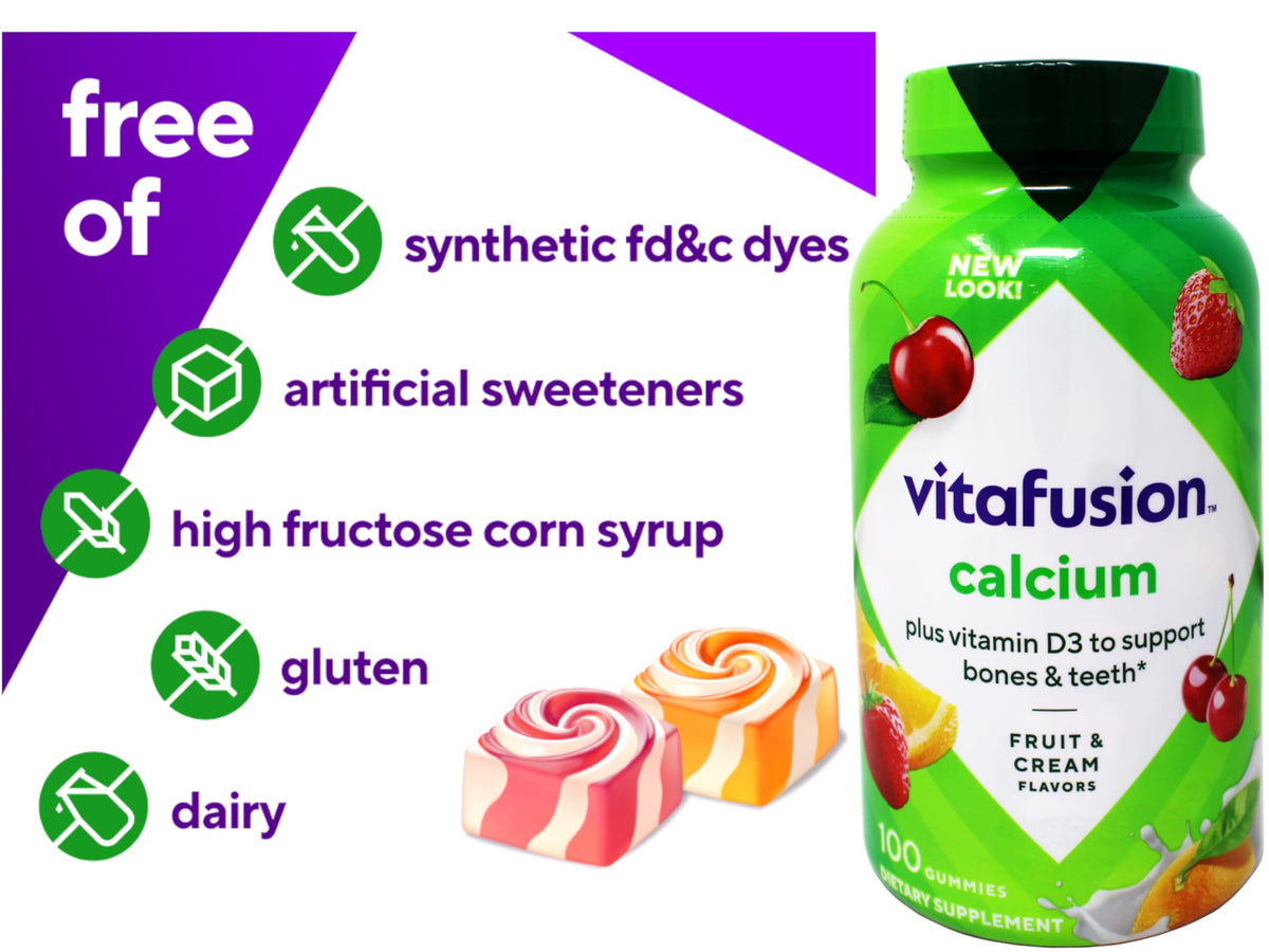 VitaFusion Calcium 500 mg Dietary Supplement Gummies Natural Fruit and Cream Flavors - 100 ct, Pack of 2 Vitafusion