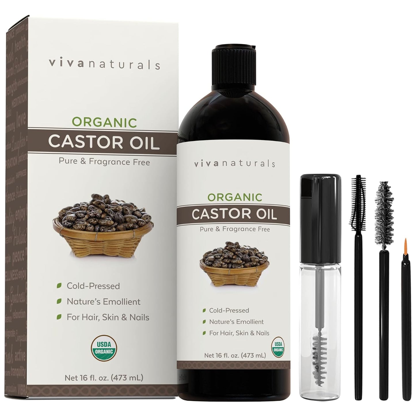 Viva Naturals Organic Castor Oil, Cold-Pressed, 16 fl oz – For Face, Hair, Eyelashes, USDA Organic, Non-GMO - With Beauty Kit Gsupps Australia