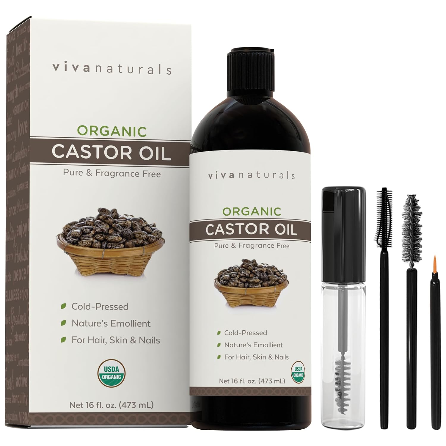 Viva Naturals Organic Castor Oil, Cold-Pressed, 16 fl oz – For Face, Hair, Eyelashes, USDA Organic, Non-GMO - With Beauty Kit Gsupps Australia