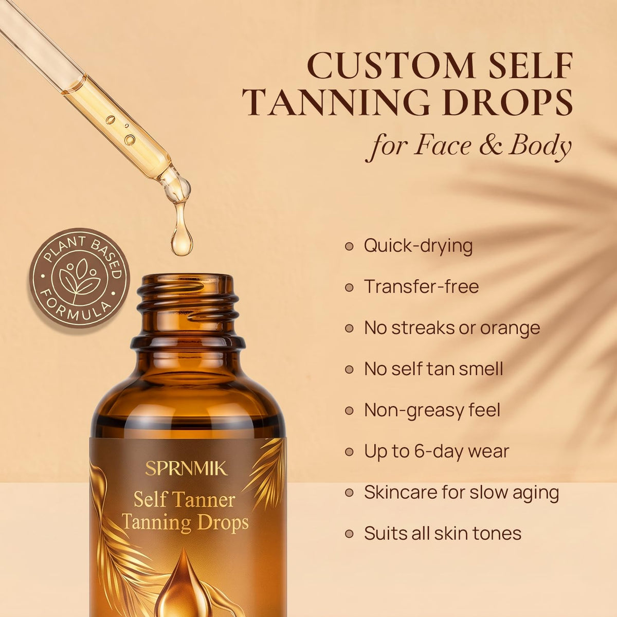 Self Tanning Drops for Face & Body, Face Self Tanner Drops with Natural-Looking Glow to Add to Moisturizer, Organic Sunless Tanner with Streak-Free & Non Orange,Skincare 1 Fl Oz (Medium) Sprnmik