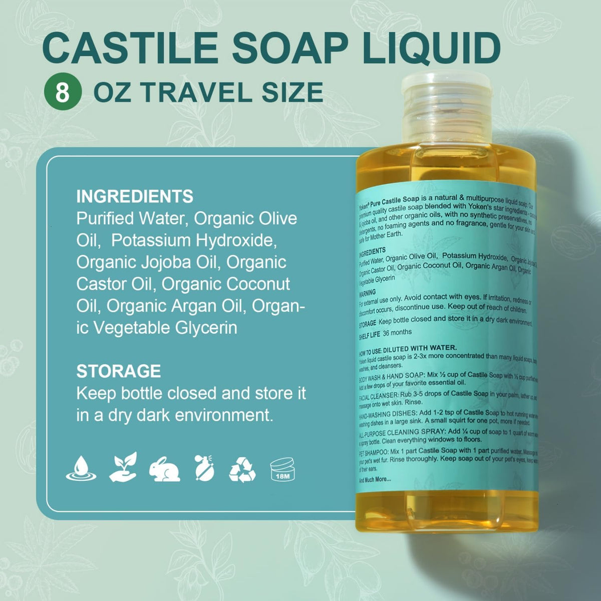 Yoken Pure Castile Liquid Soap 8 Oz Unscented with Organic Oil EWG Verified Yoken