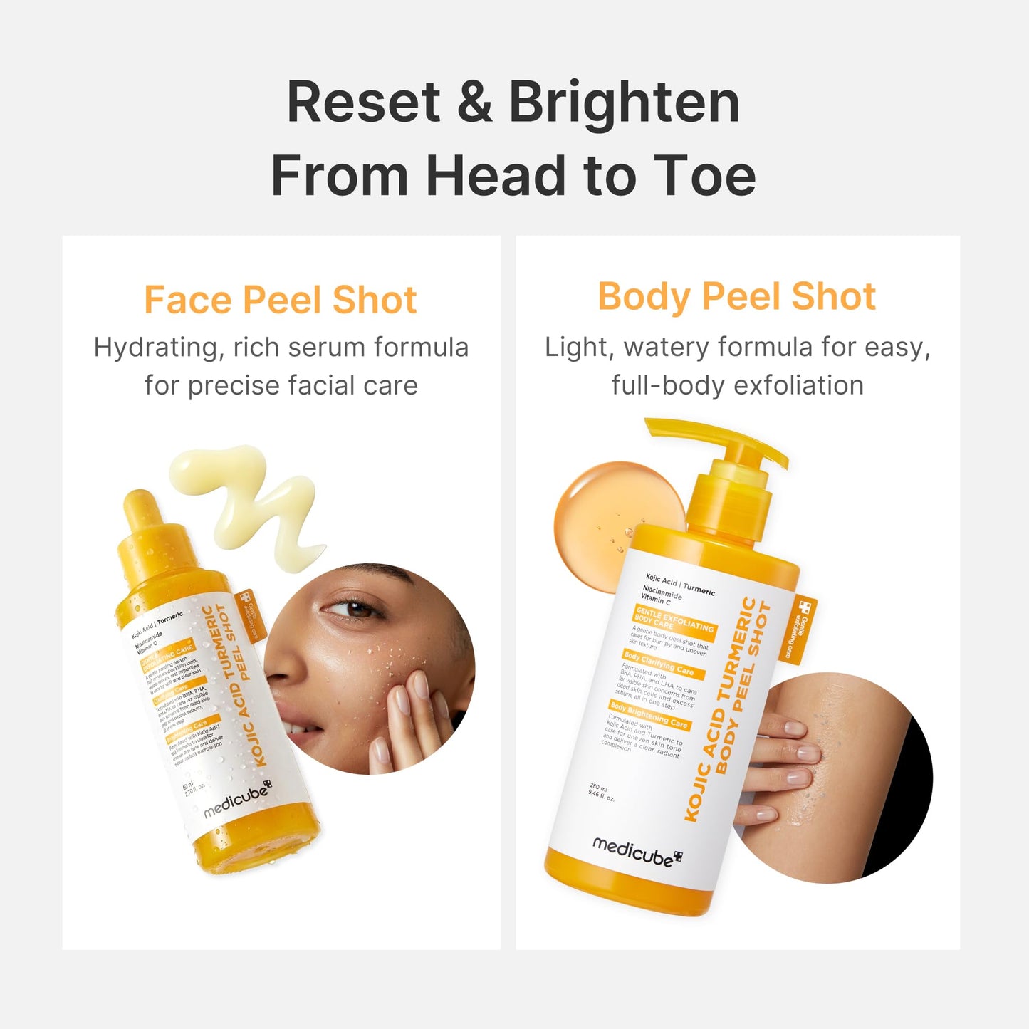 medicube Body Peel Shot with Kojic Acid and Turmeric | Gentle Body Brightening & Exfoliating Serum with BHA, LHA & PHA for Dead Skin Cells medicube