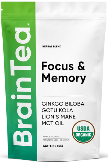 Brain Tea Focus & Memory - Brain Tea Organic Certified 4-in-1 Nootropic Herbal Supplement with Ginkgo Biloba, Gotu Kola, Lion’s Mane Mushroom, MCT Caffeine-Free for Mental Clarity (30 Sachets) Brain Tea buy australia supplements