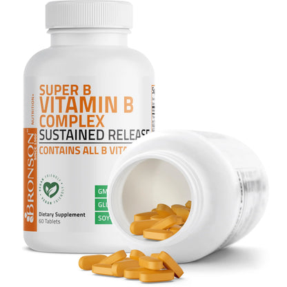 Bronson Super B Vitamin B Complex Sustained Slow Release (Vitamin B1, B2, B3, B6, B9 - Folic Acid, B12) Contains All B Vitamins 60 Tablets Bronson