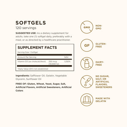 Solgar Vitamin D3 (Cholecalciferol) 250 MCG (10,000 IU), 120 Softgels - Helps Maintain Healthy Bones & Teeth - Immune System Support Solgar