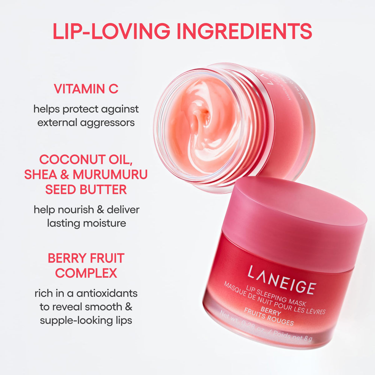 LANEIGE Lip Sleeping Mask: Hydrating & Nourishing Korean Overnight Lip Treatment Mask with Shea Butter, Vitamin C & Murumuru, Antioxidants For Flaky, Dry Lips | Korean Skin Care, Berry LANEIGE