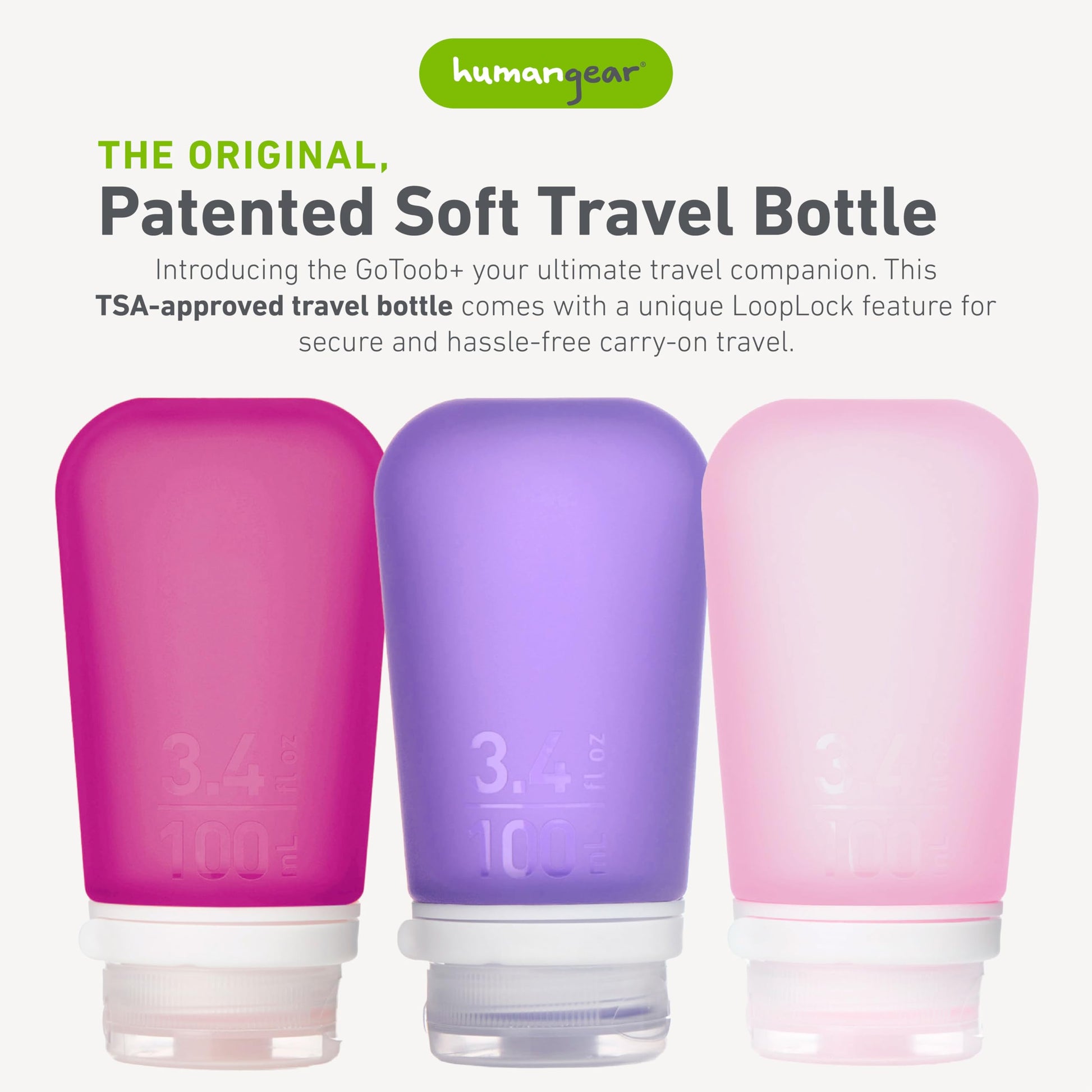 humangear GoToob+ 3-Pack, Large (3.4 fl oz), Clear/Purple/Teal | Refillable & Leak-Proof Silicone Travel Size Bottles with Locking Cap for Toiletries, Camping & TSA Carry-On Gsupps Australia