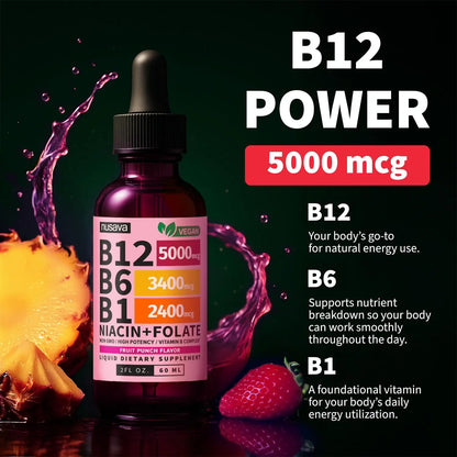 (2 Pack) Vitamin B12 and B6 Liquid Drops, B12 Sublingual Vitamin B Complex - B 12 Vitamin 5000mcg - B12 Methylcobalamin for Energy, Brain, and Heart Support NUSAVA