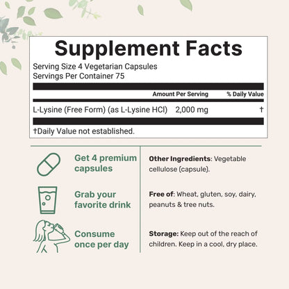 Pure L-Lysine 2,000mg, 300 Veggie Capsules | Maximum Potency, Easily Absorbed, Free Form | Essential Amino Acid for Collagen, Lip, & Immune Support Micro Ingredients