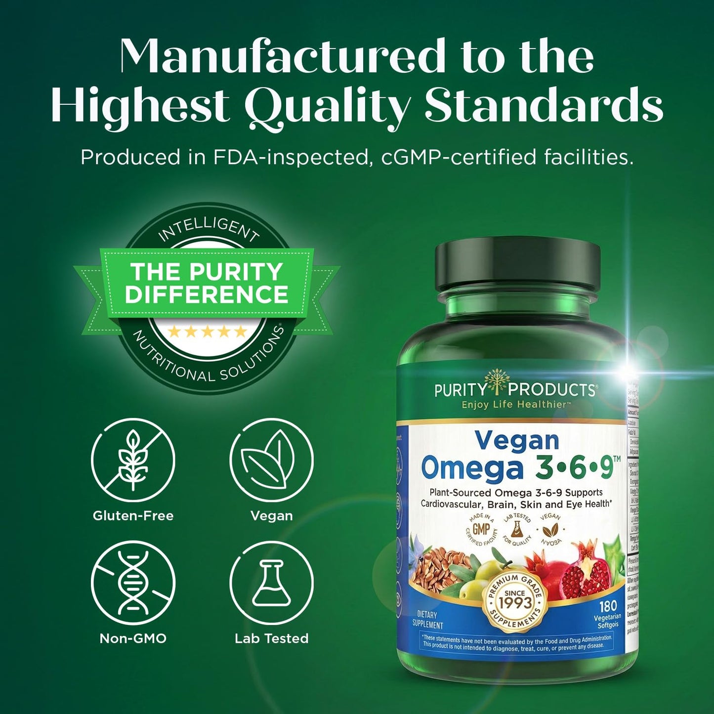 Purity Products Vegan Omega 3 6 9 Formula - “5 in 1” Essential Fatty Acid Complex - Scientifically Formulated Plant-Based Vegan Omega 3-6-9 Essential Fatty Acids Purity Products