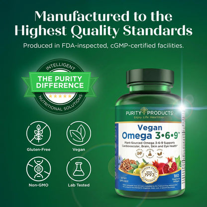 Purity Products Vegan Omega 3 6 9 Formula - “5 in 1” Essential Fatty Acid Complex - Scientifically Formulated Plant-Based Vegan Omega 3-6-9 Essential Fatty Acids Purity Products