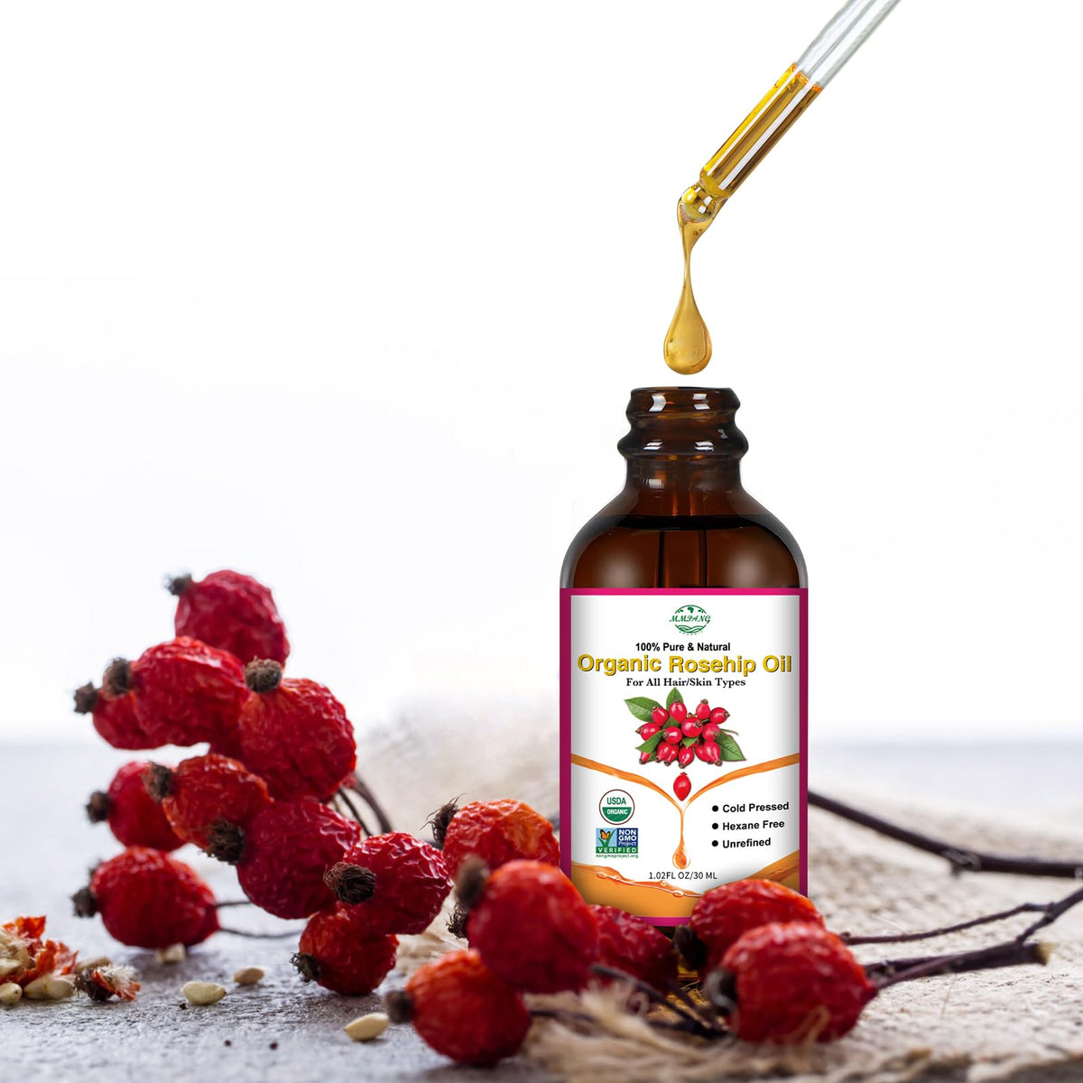 MMPANG Organic Rosehip Seed Oil for Face, USDA Certified, Cold Pressed MMPANG