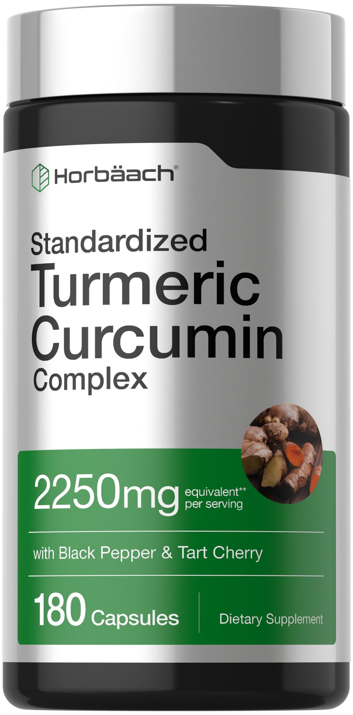 Horbäach Turmeric Curcumin Supplement | 180 Capsules | with Black Pepper & Tart Cherry | Non-GMO & Gluten Free Horbäach