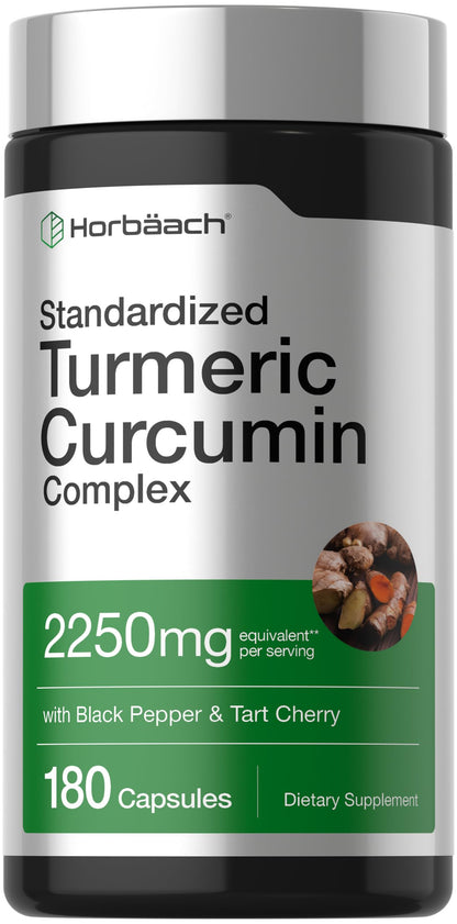 Horbäach Turmeric Curcumin Supplement | 180 Capsules | with Black Pepper & Tart Cherry | Non-GMO & Gluten Free Horbäach