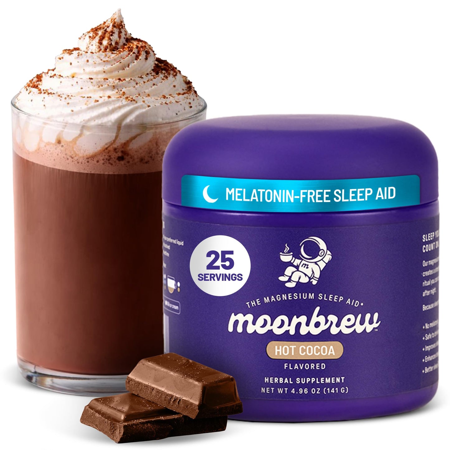 MoonBrew Nighttime Magnesium Hot Cocoa Jar, Natural Sleep Aid Drink Mix for Adults - Calming Melatonin-Free Sleep Support - Sleepy Hot Chocolate Powder with L-Theanine, MoonBrew