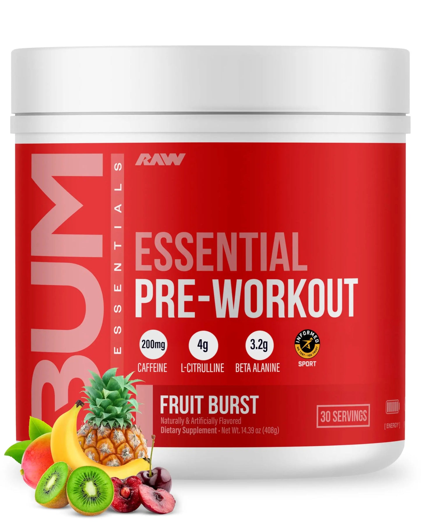 RAW Essential Pre-Workout Powder (Fruit Burst) - Chris Bumstead Sports Nutrition Supplement for Men & Women - Preworkout Energy Powder with Caffeine RAW