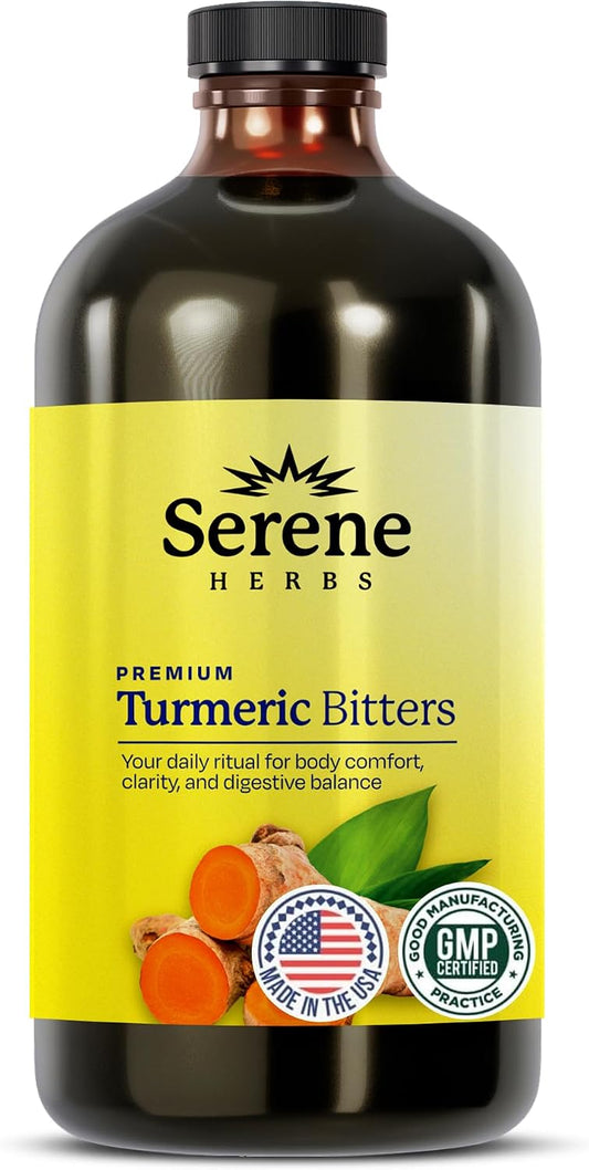 Serene Herbs Liquid Turmeric with Black Pepper - Turmeric Shots Curcumin Supplement 1000mg Extra Strength Herbal Drink, Digestive Bitters for Bloating Relief, Joint Health, Energy & Clarity - 16oz