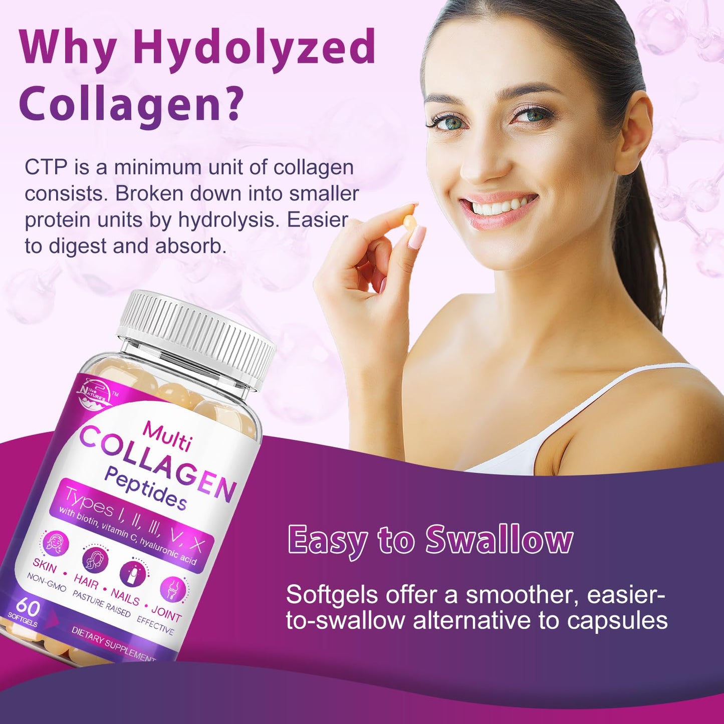 Multi Collagen Peptides Softgel - Type I, II, III, V, X - Hydrolyzed Collagen Peptides with Biotin, Vitamin C, Hyaluronic Acid, Supports Skin Hair Nail Nature's live